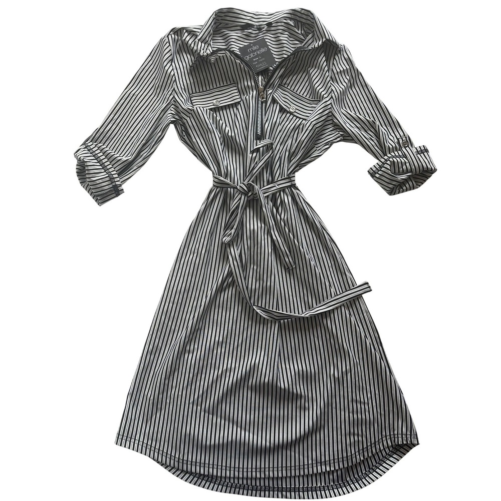 Mlle Gabrielle‎ Black White Striped Half Zip Tie Waist Shirt Dress Sz Large NWT